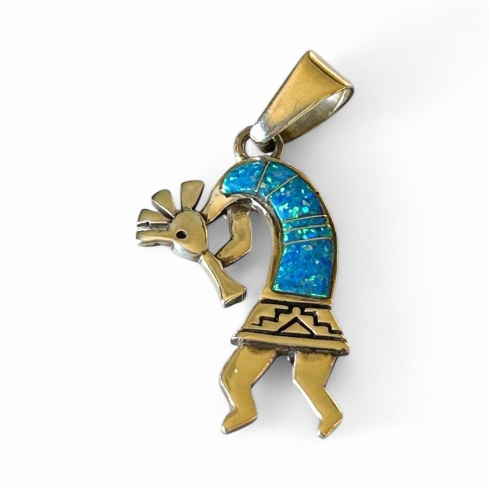 Vintage Calvin Begay Kokopelli Sterling Silver and Blue Opal Inlay Pendant